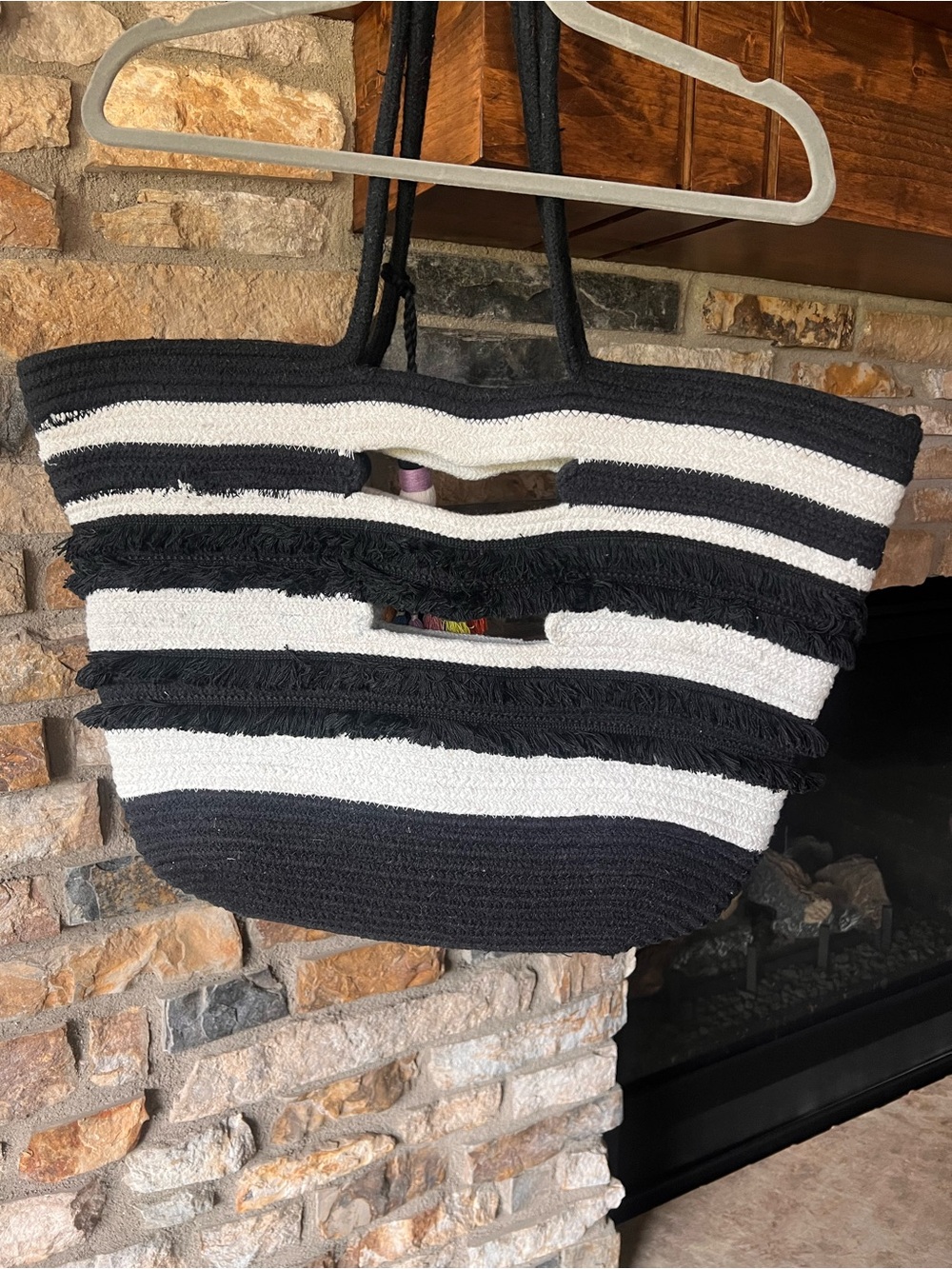 Stella & Dot Black & White Striped Fringe Tote Bag with Colorful Tassels - Picture 3 of 5